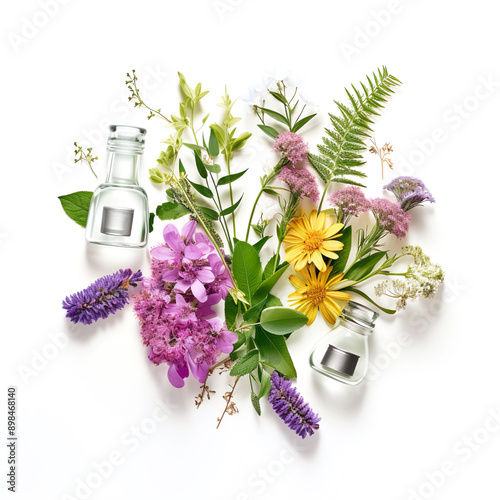 Set of medicinal herbs and bottles on a white background. Medicine, perfumery, aromatherapy, spa.
