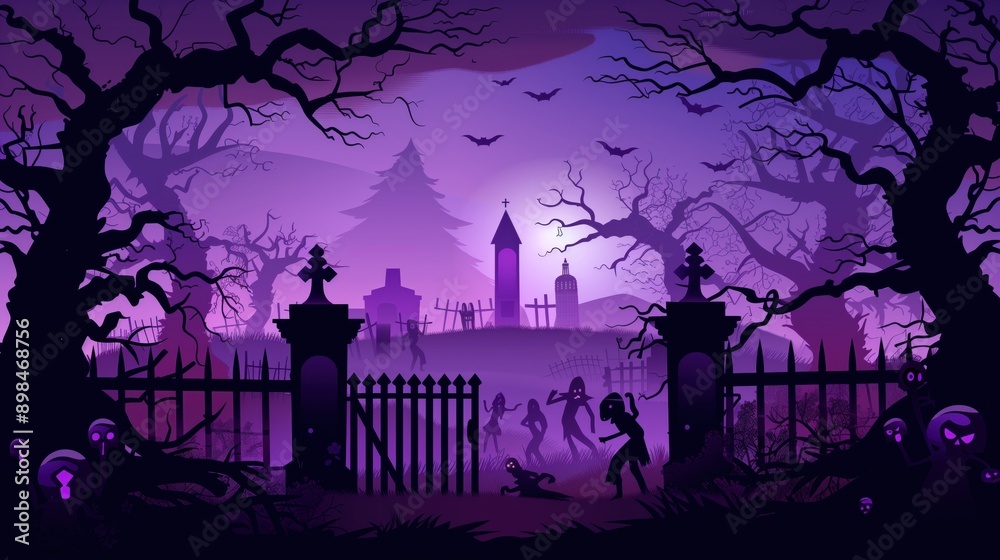 A halloween background showing a black and purple graveyard with scary trees, cemeteries, and fences