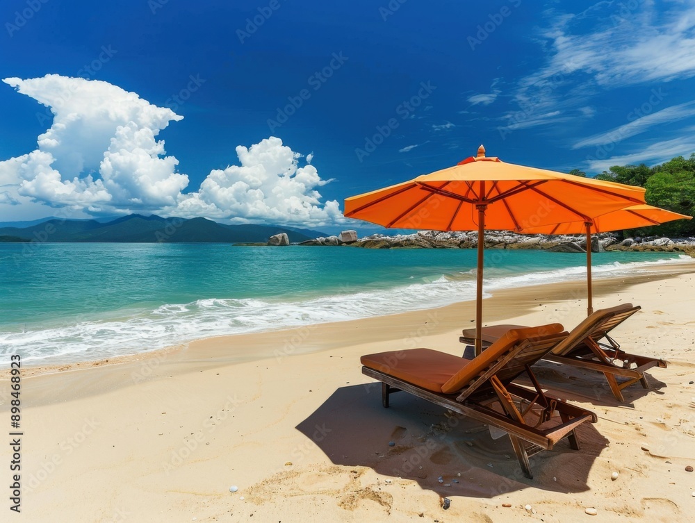 Idyllic tropical sandy beach with lounge chairs and orange umbrella under a blue sky. Peaceful and relaxing seaside vacation setting. Idyllic tropical sandy beach with lounge chairs and orange umbrella under a blue sky. Peaceful and relaxing seaside vacation setting.