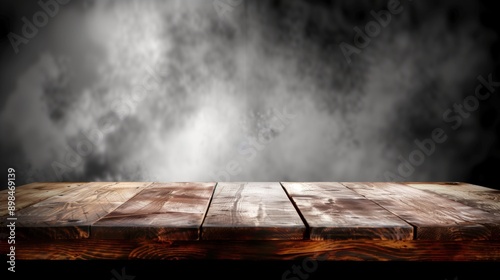 A halloween background showing wooden table with a foggy background