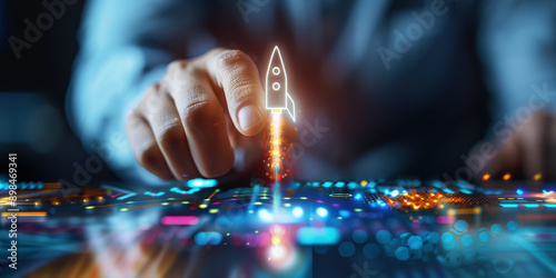 Launch into the Future: A hand ignites a digital rocket, symbolizing the power of innovation and the potential for exponential growth. 