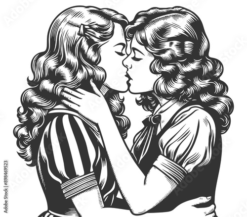 two women kissing, romantic, playful mood with intricate detail sketch engraving generative ai fictional character vector illustration. Scratch board imitation. Black and white image.
