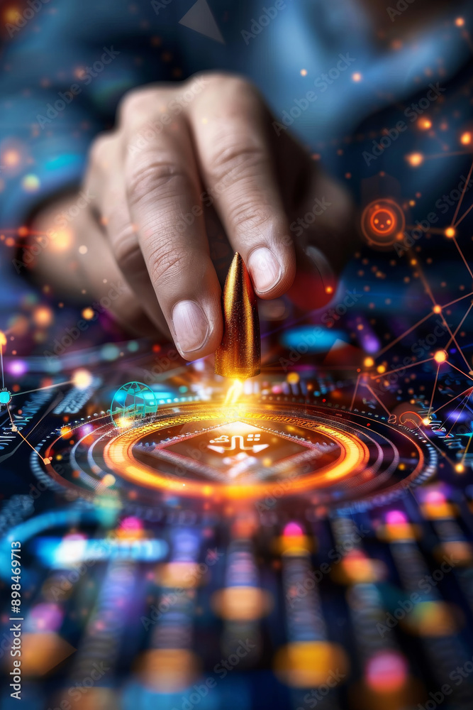 The Golden Key: A hand, adorned with a sleek smartwatch, delicately places a golden bullet into the heart of a glowing digital interface, symbolizing the power of technology to unlock hidden potential The Golden Key: A hand, adorned with a sleek smartwatch, delicately places a golden bullet into the heart of a glowing digital interface, symbolizing the power of technology to unlock hidden potential