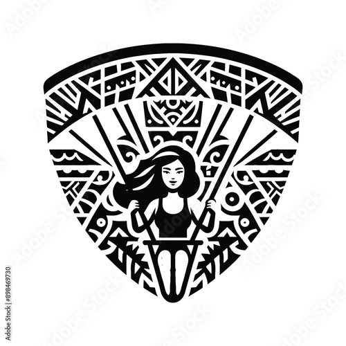 Hang Gliding  female player in ethnic polynesia pattern illustration, emblem shield badge