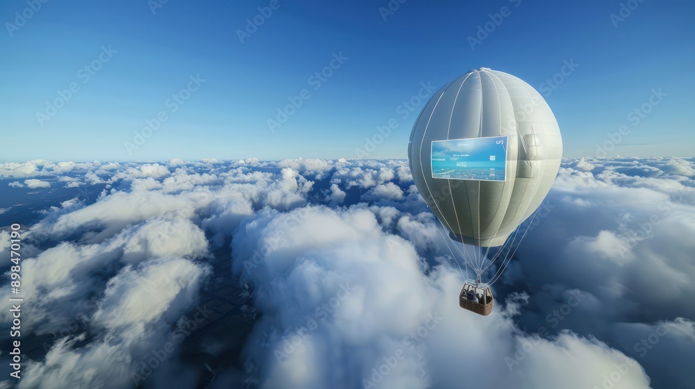 high-altitude balloon equipped with screens for a virtual meeting among the clouds, showcasing panoramic sky views high-altitude balloon equipped with screens for a virtual meeting among the clouds, showcasing panoramic sky views