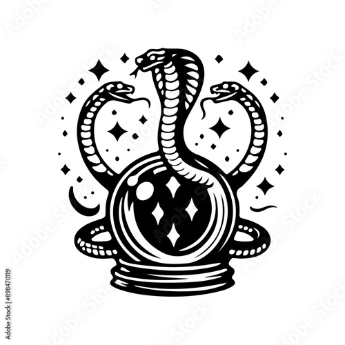 Mystical magic ball, crystal ball, witch ball, fortune telling, Magic Celestial Silhouette Tattoo design.