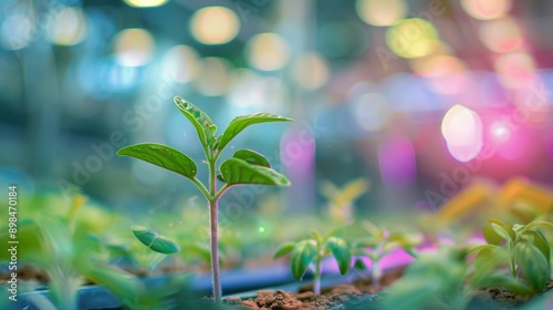 Close-up image of young green plant seedlings growing in a greenhouse with blurred colorful lights creating a dreamy background.