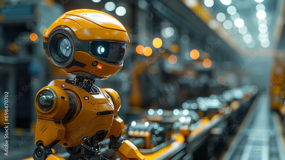 Futuristic robot is standing in a factory setting, leading a group of other robots Futuristic robot is standing in a factory setting, leading a group of other robots