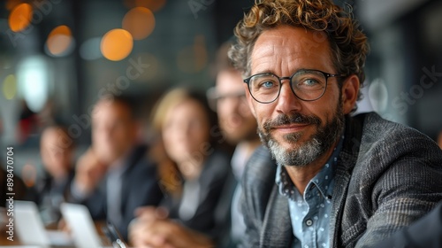 A confident businessman, wearing glasses and smiling, is captured at a meeting with colleagues. The setting suggests a professional and collaborative environment.