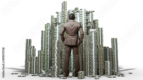 Rich African American budinessman standing facing huge pile stacks of Botswana pula notes. Business man looking at alot of heaped bundles of money isolated on transparent background

 photo