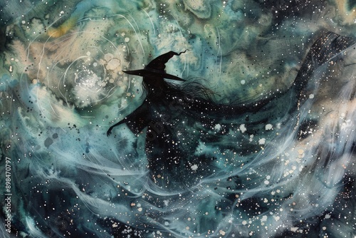 A watercolor and ink scene of a witch flying through a starry, mystical sky photo