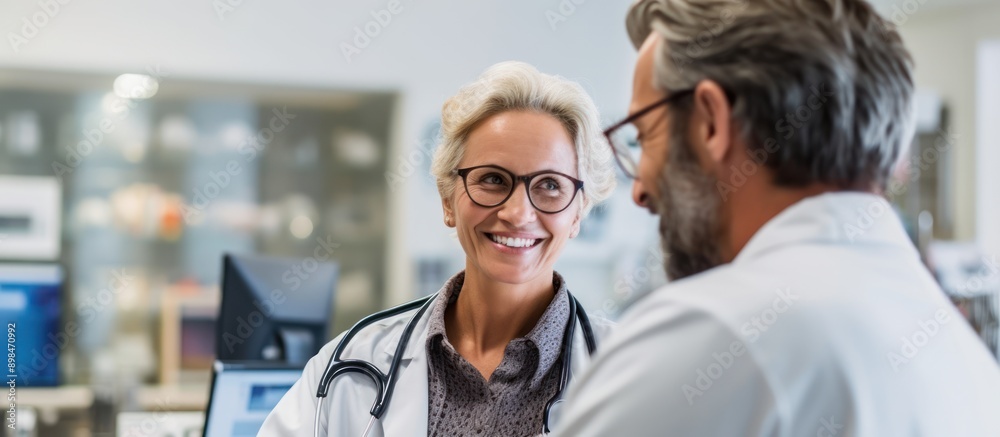 Smiling Doctor Talking to a Colleague in a Medical Office Smiling Doctor Talking to a Colleague in a Medical Office