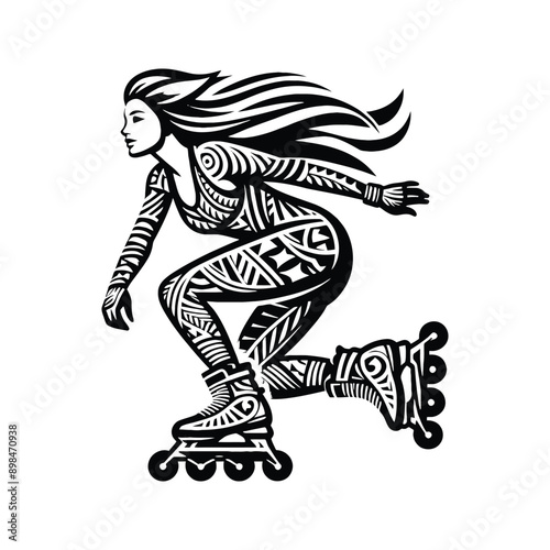 Inline Skating  female player in ethnic polynesia pattern illustration, emblem shield badge