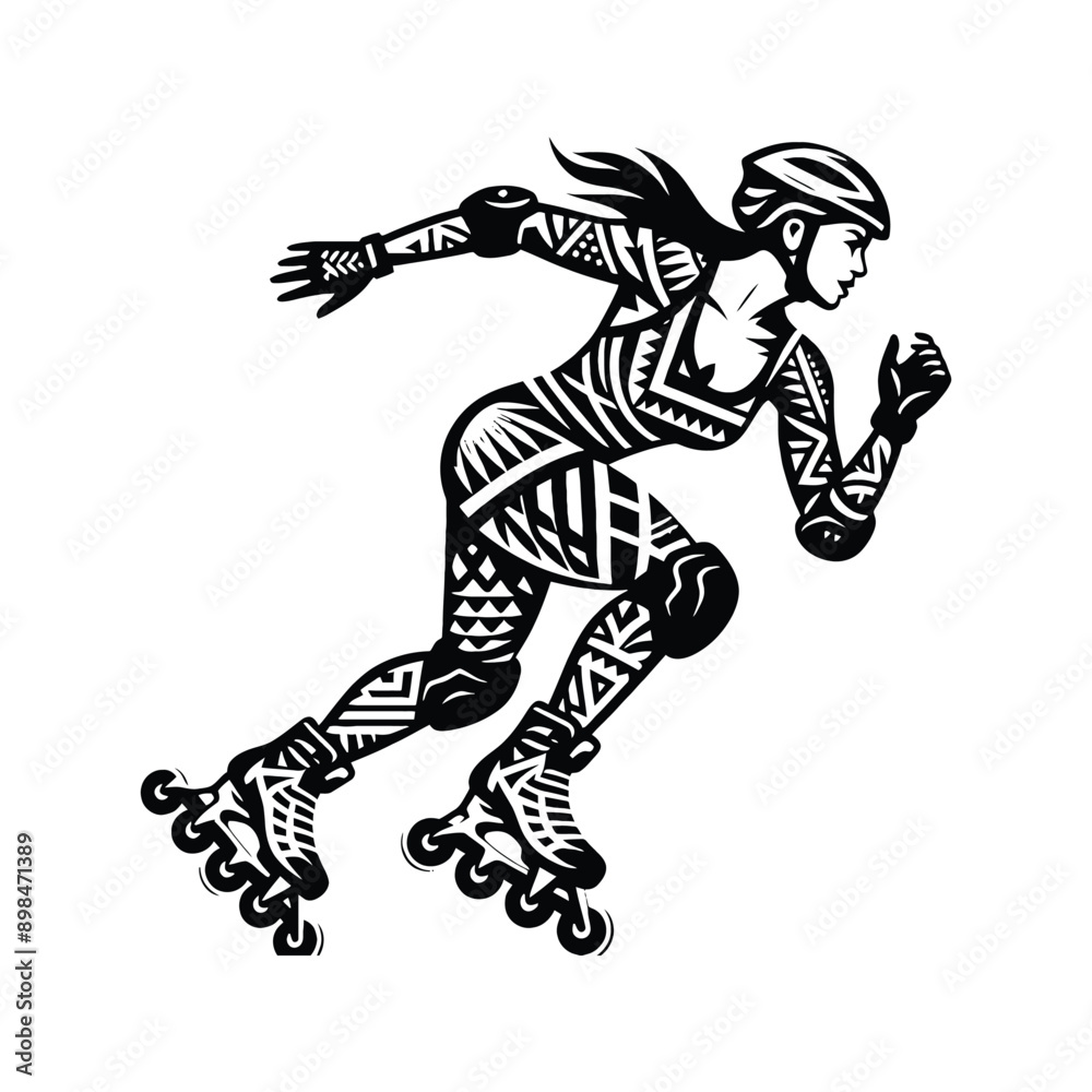 Fototapeta premium Inline Skating female player in ethnic polynesia pattern illustration, emblem shield badge