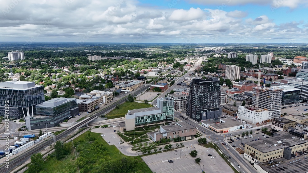 Fototapeta premium Aerial view of Mike & Ophelia Lazaridis Quantum-Nano Centre (QNC) in Waterloo, Ontario, Canada