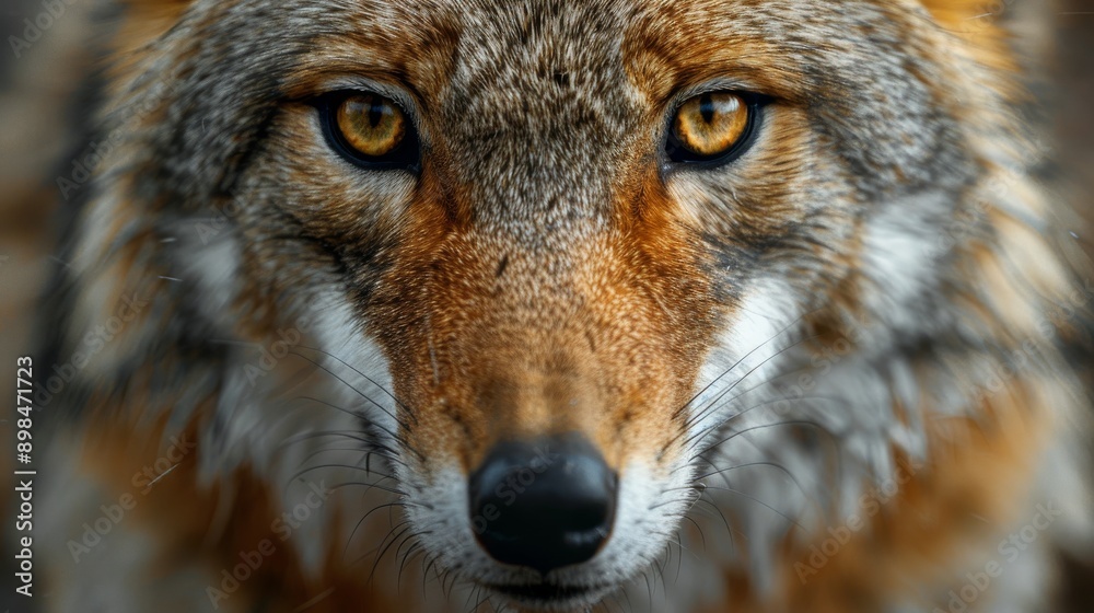 Wild coyote with bright yellow eyes stares intensely, showcasing its cunning and sharp focus in its natural habitat. Brown and gray fur add to its intimidating presence Wild coyote with bright yellow eyes stares intensely, showcasing its cunning and sharp focus in its natural habitat. Brown and gray fur add to its intimidating presence