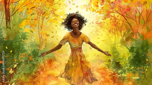 African American woman in a vibrant autumn forest. Concept of joy, nature, serene beauty, and seasonal landscape © Jafree
