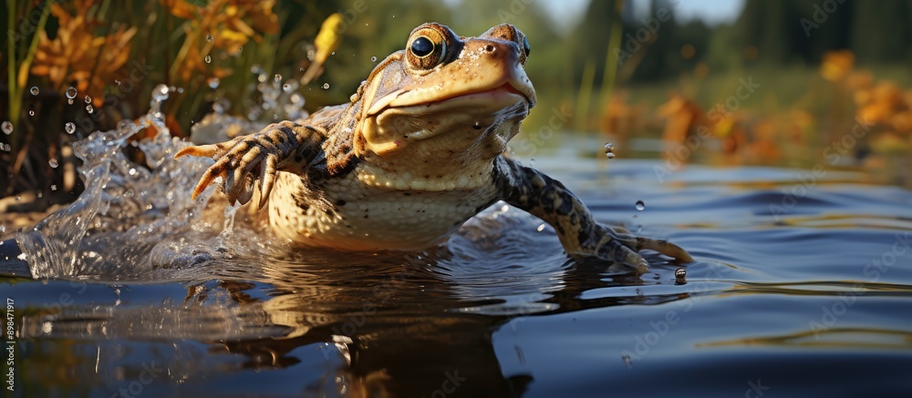 Green frogs are jumping towards the pond Green frogs are jumping towards the pond