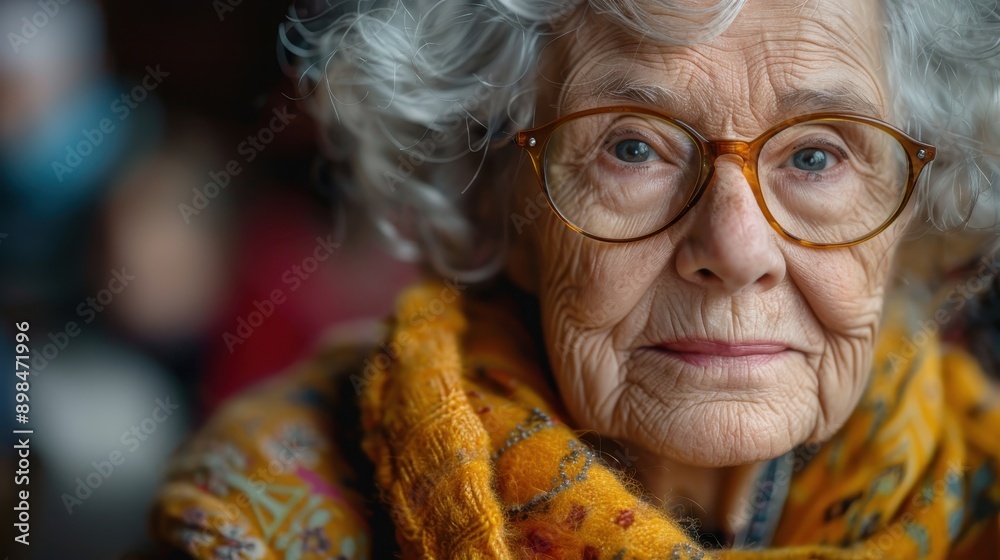 A serious-looking elderly woman with gray curly hair, wearing glasses and a patterned orange scarf, appears thoughtful and contemplative in a softly lit environment. A serious-looking elderly woman with gray curly hair, wearing glasses and a patterned orange scarf, appears thoughtful and contemplative in a softly lit environment.