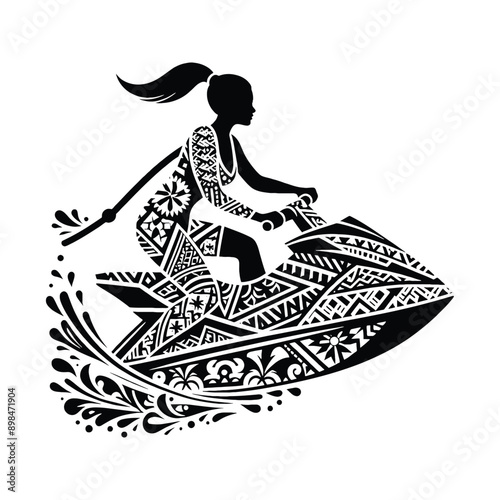 Jet Skiing  female player in ethnic polynesia pattern illustration, emblem shield badge