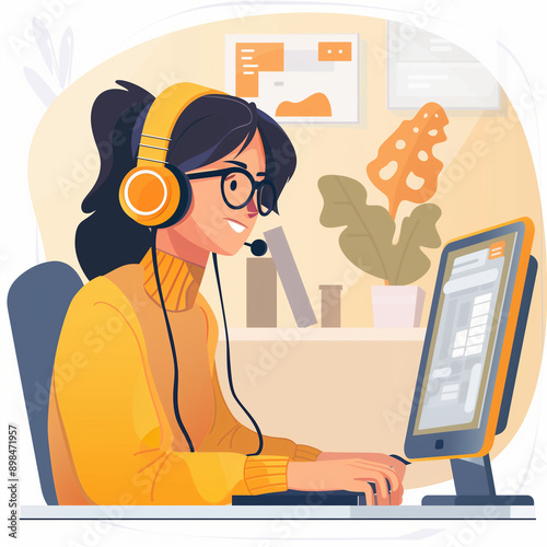 flat desig style web page template [a receptionist with headphones with microphone in front of a PC in an office working] with minimalist backgrounds, bright cartoon style illustrations, 
