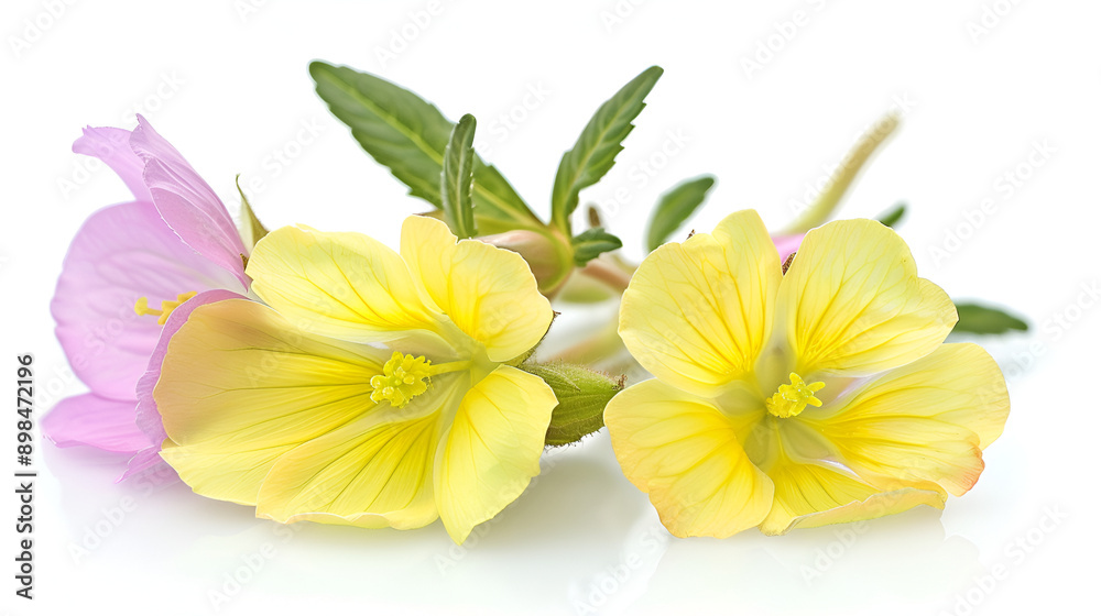 Common evening primrose flowers isolated on white ,Composition of bright yellow flowers with a leaf of greenery on a white background ,The concept of summer or spring Common evening primrose flowers isolated on white ,Composition of bright yellow flowers with a leaf of greenery on a white background ,The concept of summer or spring