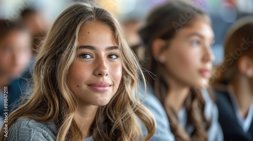 A teenage blond girl with freckles smiles while sitting in a classroom, surrounded by classmates, capturing a moment of youthful optimism and concentration.