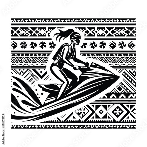 Jet Skiing  female player in ethnic polynesia pattern illustration, emblem shield badge