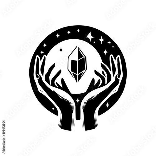 Magic crystal gem with crescent moon and stars in witch hands of fortune teller line art and dot work. Boho chic tattoo, poster or altar veil print design vector illustration