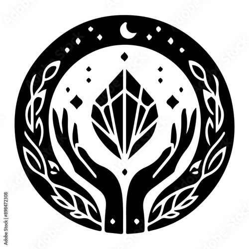 Magic crystal gem with crescent moon and stars in witch hands of fortune teller line art and dot work. Boho chic tattoo, poster or altar veil print design vector illustration