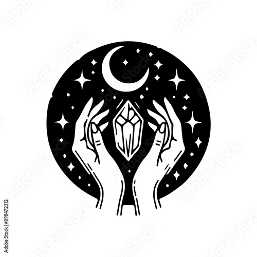 Magic crystal gem with crescent moon and stars in witch hands of fortune teller line art and dot work. Boho chic tattoo, poster or altar veil print design vector illustration