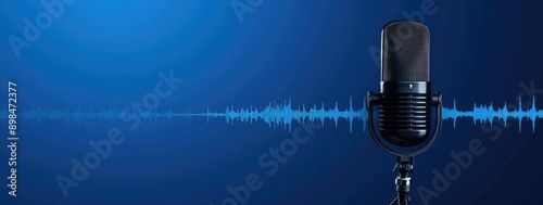 a microphone with sound waves on a blue background, representing podcasting and audio recording in the creative industry