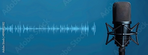 a microphone with sound waves on a blue background, representing podcasting and recording audio content for media production