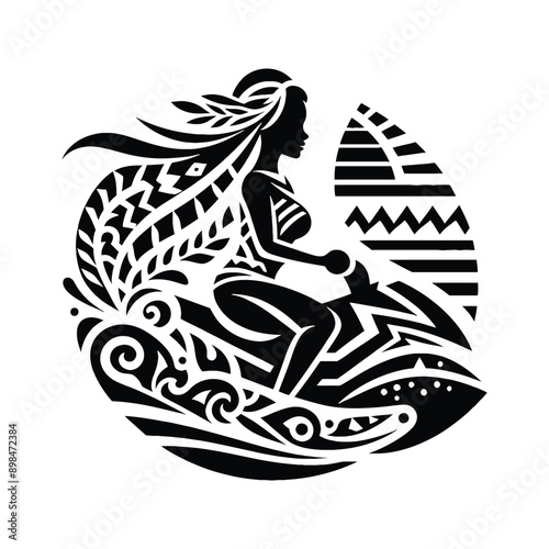 Jet Skiing  female player in ethnic polynesia pattern illustration, emblem shield badge