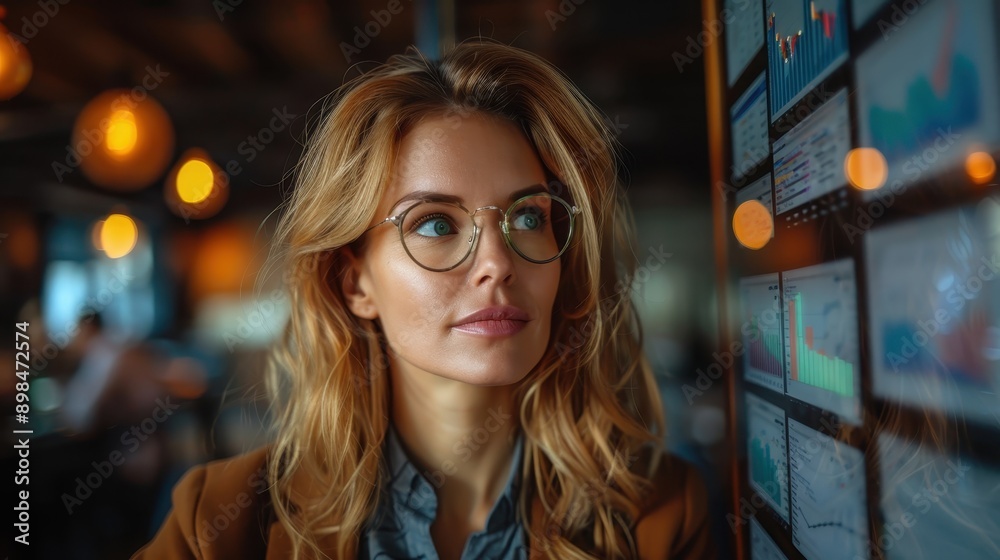 A woman wearing glasses stands focused as she reviews data charts on a vibrant screen in a modern office, emphasizing analysis, intelligence, and concentration in a professional setting. A woman wearing glasses stands focused as she reviews data charts on a vibrant screen in a modern office, emphasizing analysis, intelligence, and concentration in a professional setting.