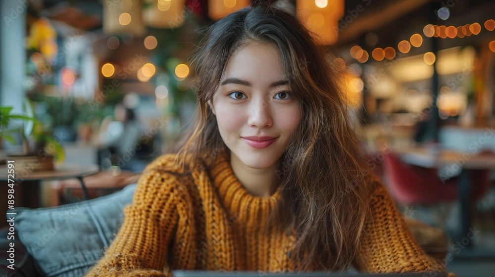 A woman in a warm yellow sweater smiles as she sits in a cozy café, surrounded by soft lighting and trendy decor, capturing a moment of happiness and relaxation in a modern setting. A woman in a warm yellow sweater smiles as she sits in a cozy café, surrounded by soft lighting and trendy decor, capturing a moment of happiness and relaxation in a modern setting.