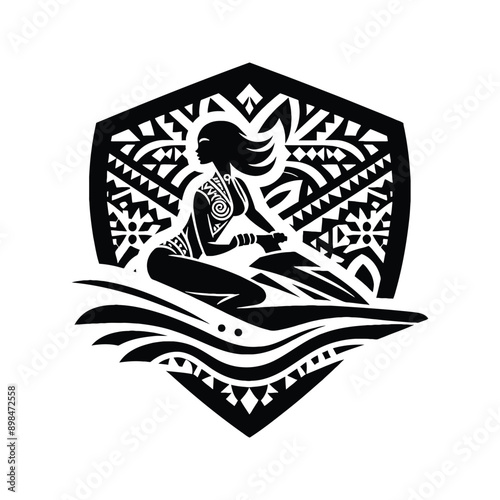 Jet Skiing female player in ethnic polynesia pattern illustration, emblem shield badge