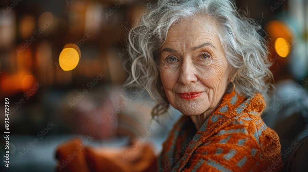 An elderly woman with curly gray hair and a soft smile sits at a table, wearing a cozy orange scarf and gray sweater, surrounded by a warmly lit, inviting setting. An elderly woman with curly gray hair and a soft smile sits at a table, wearing a cozy orange scarf and gray sweater, surrounded by a warmly lit, inviting setting.
