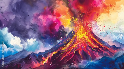 Colorful watercolor painting of a volcanic eruption with lava flow and vibrant sky. Concept of nature's power, geological activity, natural disaster, artistic expression