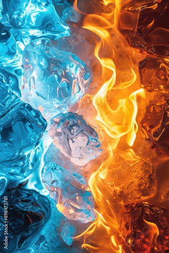 A visually striking image depicting the contrast between melting ice and intense flames, symbolizing the powerful interaction between cold and heat.