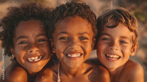 Three kids with different skin tones, smiling joyfully in a friendly