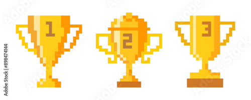 Golden pixel trophy cup isolated on white background. Symbol of Victory. Flat design. Vector illustration.
