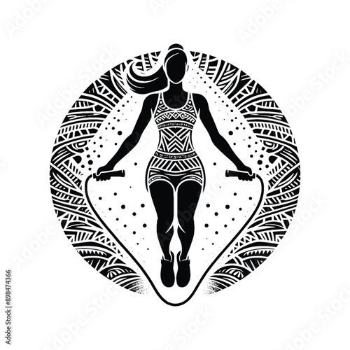  female player in ethnic polynesia pattern illustration, emblem shield badge