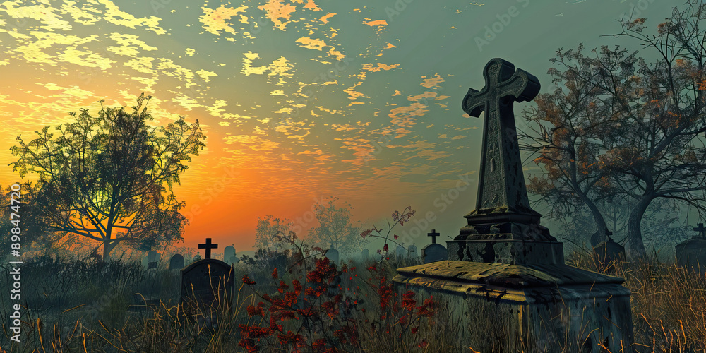 Eternal Slumber of the Graveyard: Tranquil scene with peaceful tombs dotting the landscape, under a clear sky. Eternal Slumber of the Graveyard: Tranquil scene with peaceful tombs dotting the landscape, under a clear sky.