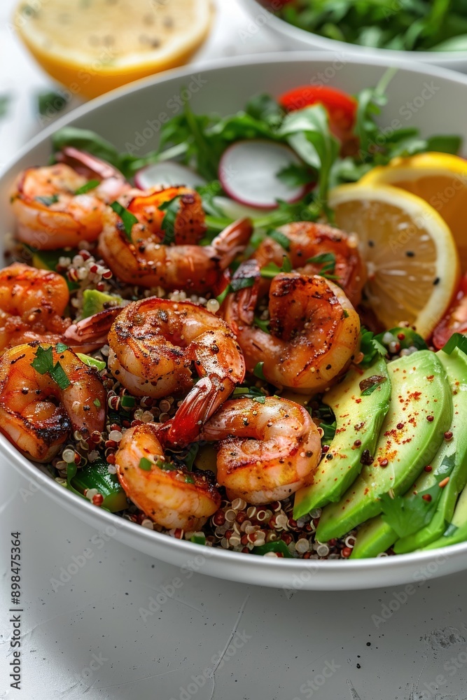 Fresh and Vibrant Shrimp Salad with Avocado, Quinoa, and Lemon Slices in a White Bowl - Healthy and Delicious Seafood Dish Fresh and Vibrant Shrimp Salad with Avocado, Quinoa, and Lemon Slices in a White Bowl - Healthy and Delicious Seafood Dish