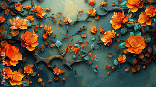 Fototapeta Naklejka Na Ścianę i Meble -  Elegant colorful with vibrant flower hanging branches illustration background. Bright color 3d abstraction wallpaper for interior mural, Generated by AI	