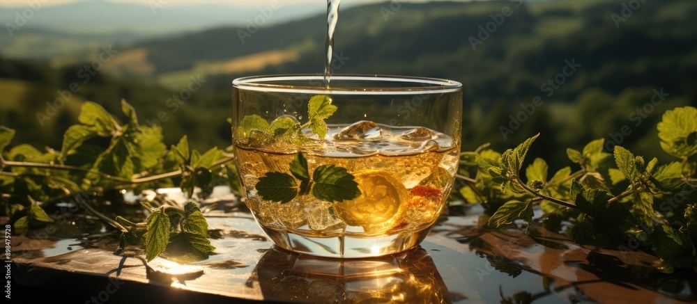 Fototapeta premium hand pouring tea into glass cup on stone table with nature background