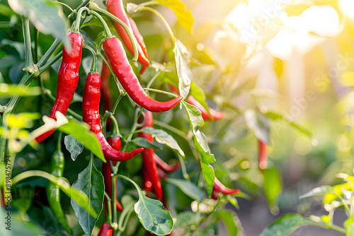 A close-up of red hot chili peppers on a plant, showing ripe, fresh, and spicy peppers. photo