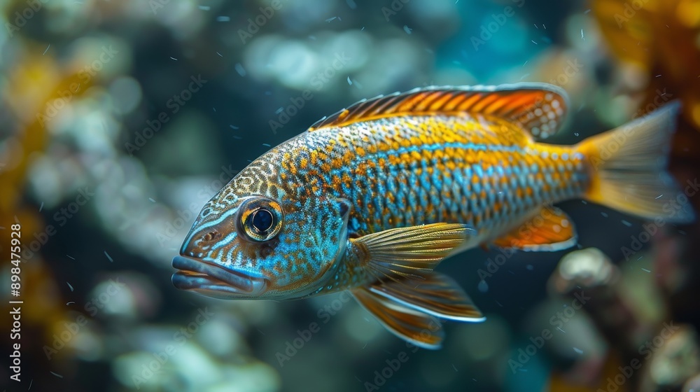 Colorful fish peacefully swims in a blue aquarium, showcasing its exotic beauty in a lively underwater scene, perfect for nature lovers Colorful fish peacefully swims in a blue aquarium, showcasing its exotic beauty in a lively underwater scene, perfect for nature lovers