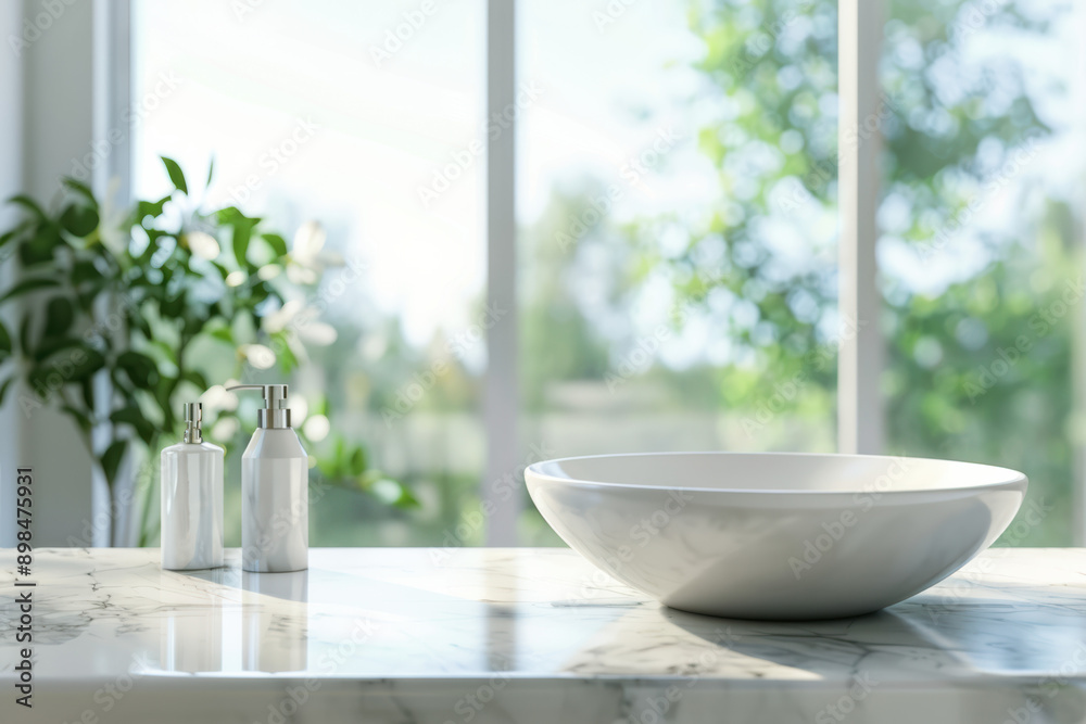 Fototapeta premium Bright, modern bathroom with white ceramic sink, marble countertop, close-up, green plant decor, sunny day, large window, clean minimalist interior design.
